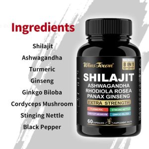 Wins Town 8-in-1 Himalayan Gold Shilajit Capsules Extra Strength for Men & Women with Ashwagandha, Rhodiola Rosea, Panax, Ginseng - 60 Count (1)