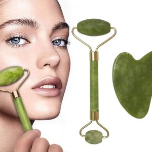 2 in 1 Jade Roller - Face Roller Massager & GUA SHA Scraper Tool Set - Anti Aging Jade Roller for Neck Skin,Cheeks Slimmer,Skin Tightening,Facial & Eye Treatments