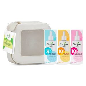 Simple Booster Serum Collection 3 piece Gift Set with a small Travel Beauty Bag for face (10% Niacinamide + Vitamin B3, 10% Vitamin C+E+F and 3% Hyaluronic Acid+ Vitamin B5) 30ml x 3