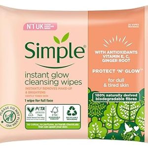 Simple Protect ‘N’ Glow Instant Glow Biodegradable Wipes dermatologically tested for sensitive skin 20 wipes